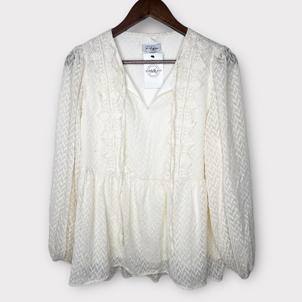 Polagram Cream Long Sleeve Embroidered Flowy Chiffon Textured Blouse